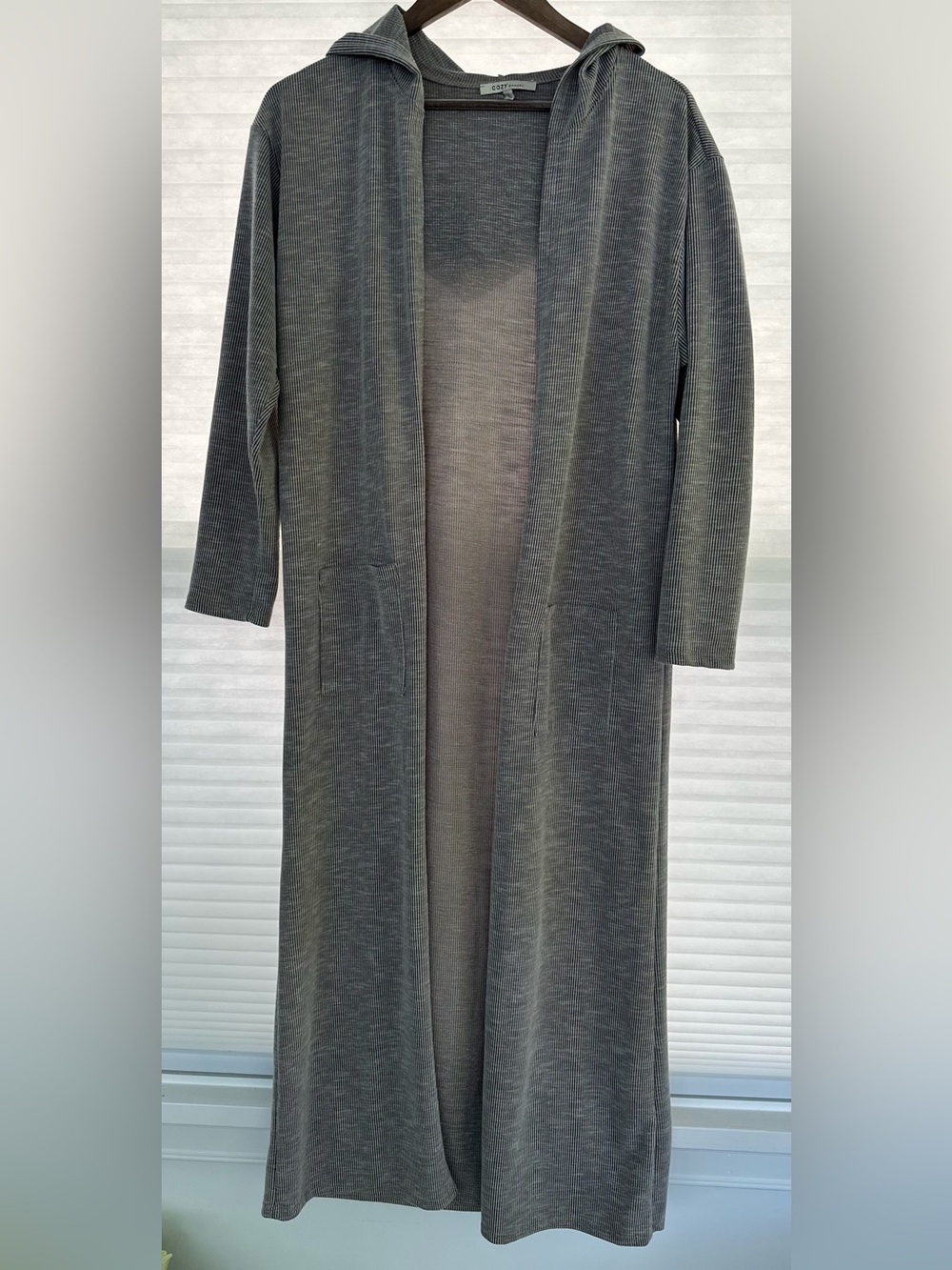 Cozy Casual Brown Heather Gray Ribbed Hooded Maxi Duster Cardigan Size
